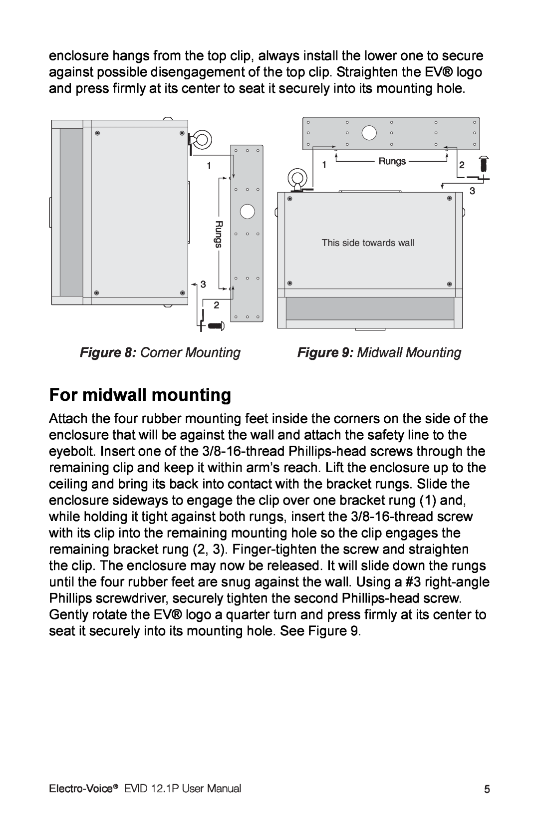 Electro-Voice 2.1P user manual For midwall mounting, Corner Mounting, Midwall Mounting, Electro-Voice 