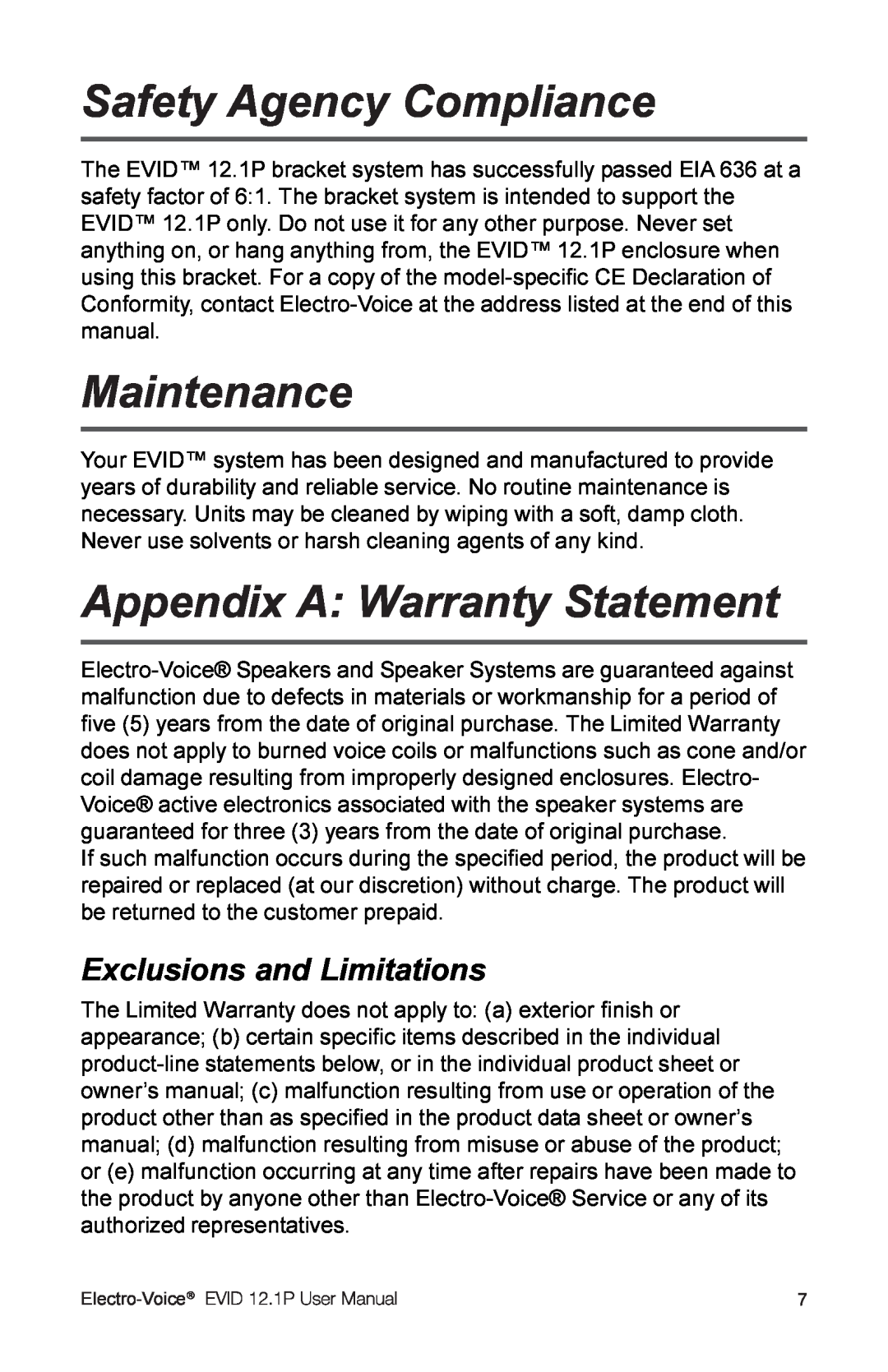 Electro-Voice 2.1P Safety Agency Compliance, Maintenance, Appendix A Warranty Statement, Exclusions and Limitations 