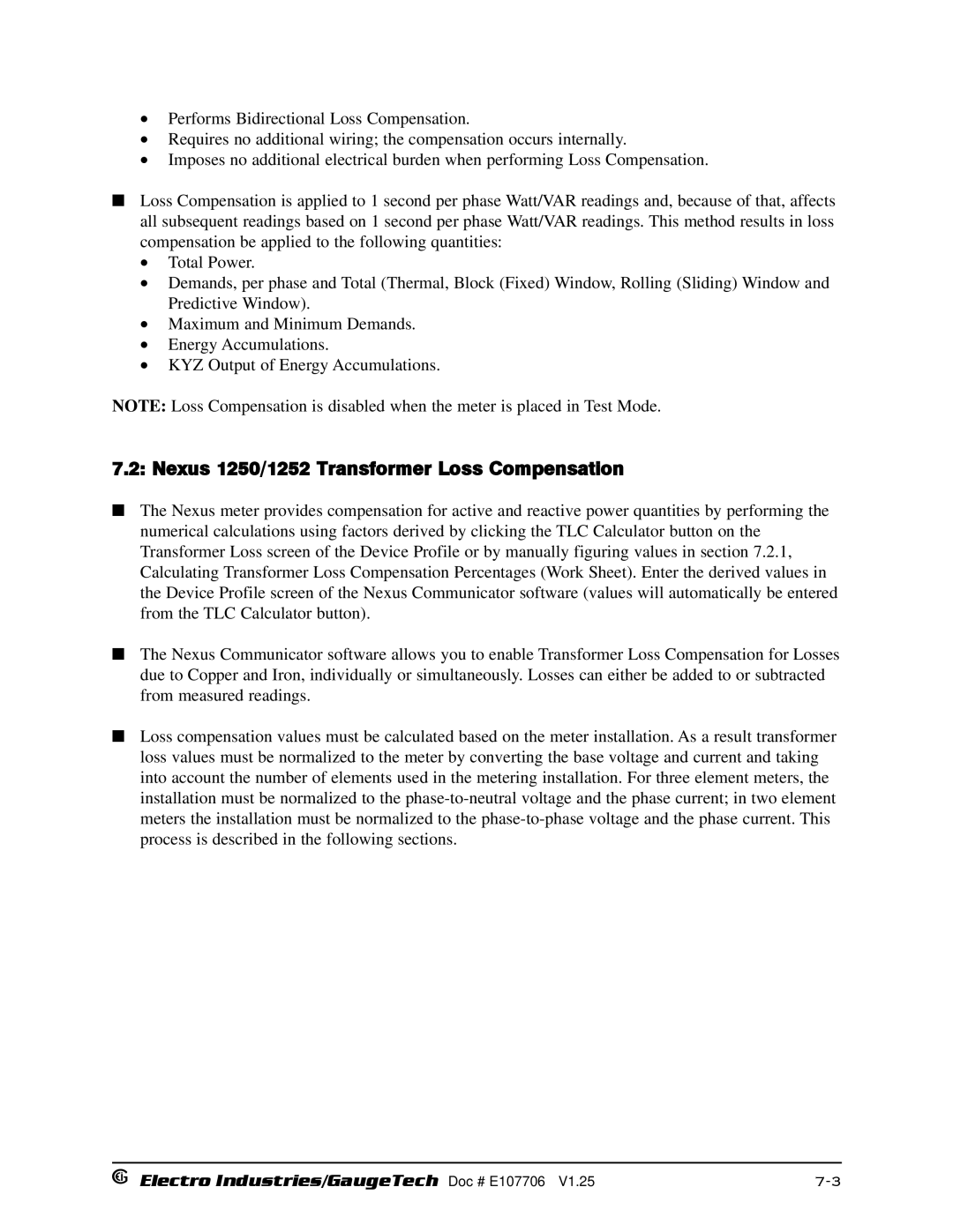 Electro-Voice operation manual Nexus 1250/1252 Transformer Loss Compensation 