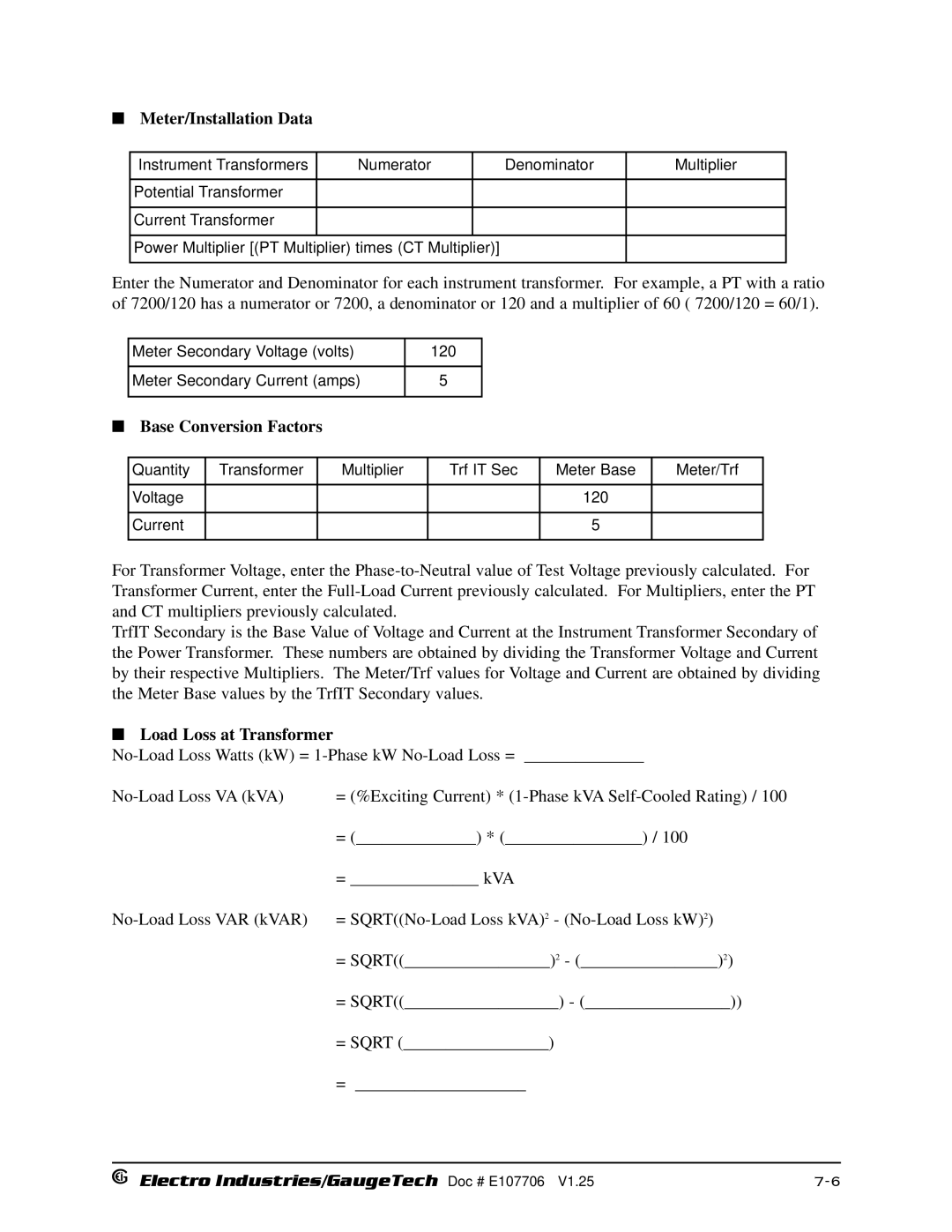 Electro-Voice 250, 1252 operation manual Meter/Installation Data, Base Conversion Factors, Load Loss at Transformer 