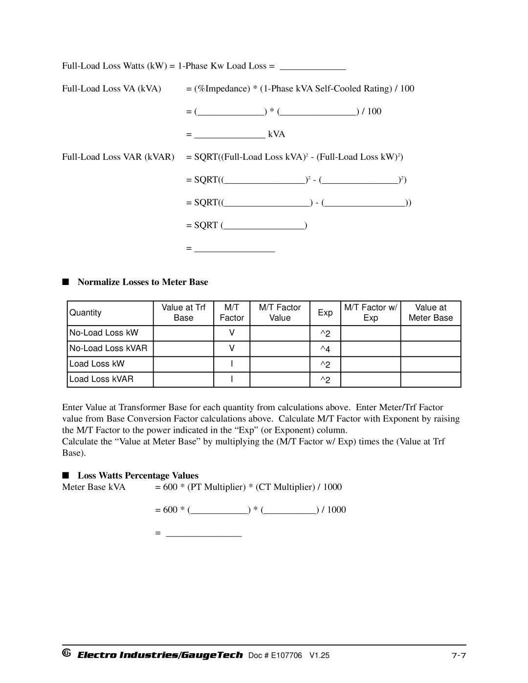 Electro-Voice 1252, 250 operation manual Normalize Losses to Meter Base, Loss Watts Percentage Values 