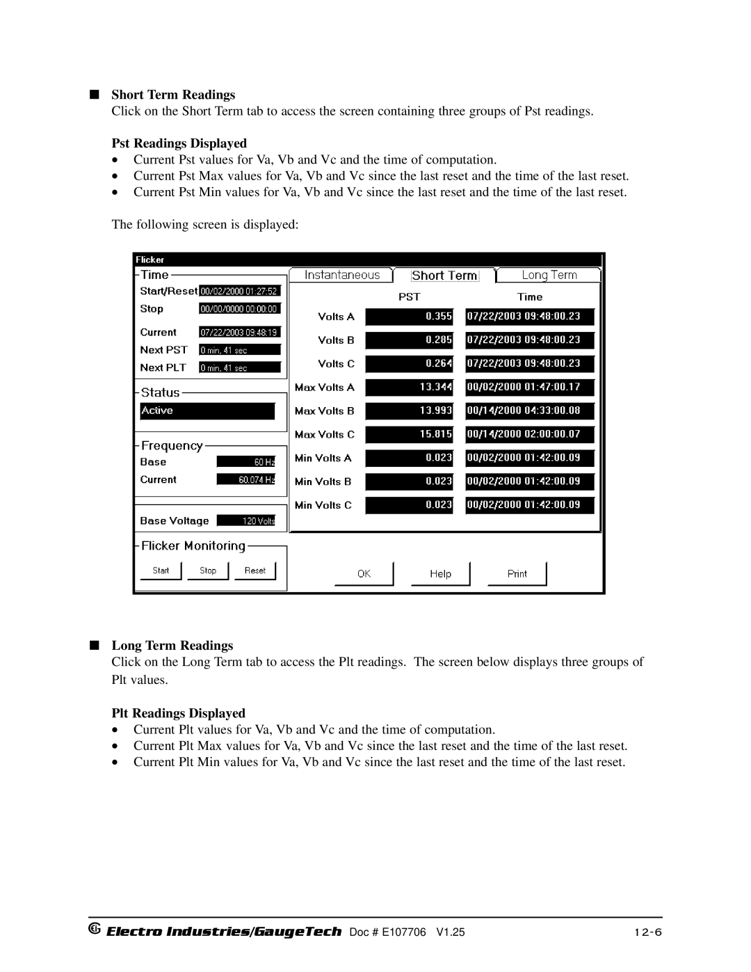 Electro-Voice 250, 1252 Short Term Readings, Pst Readings Displayed, Long Term Readings, Plt Readings Displayed 