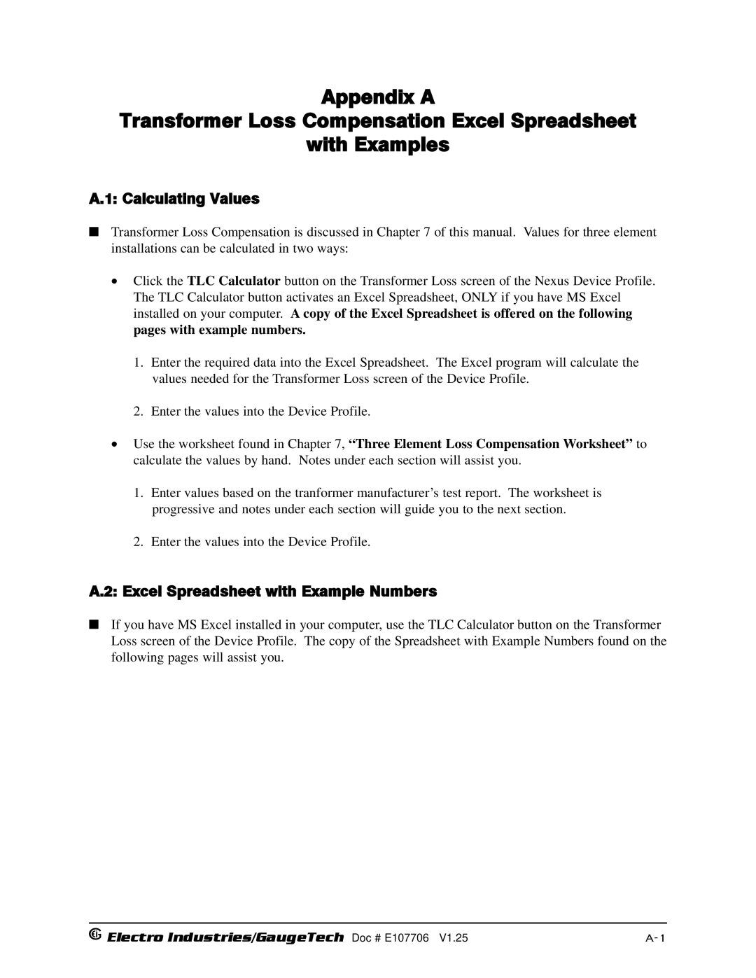 Electro-Voice 1252, 250 operation manual Calculating Values, Excel Spreadsheet with Example Numbers 