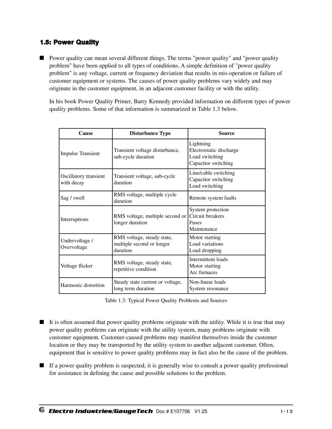 Electro-Voice 1252, 250 operation manual Power Quality, Cause Disturbance Type Source 