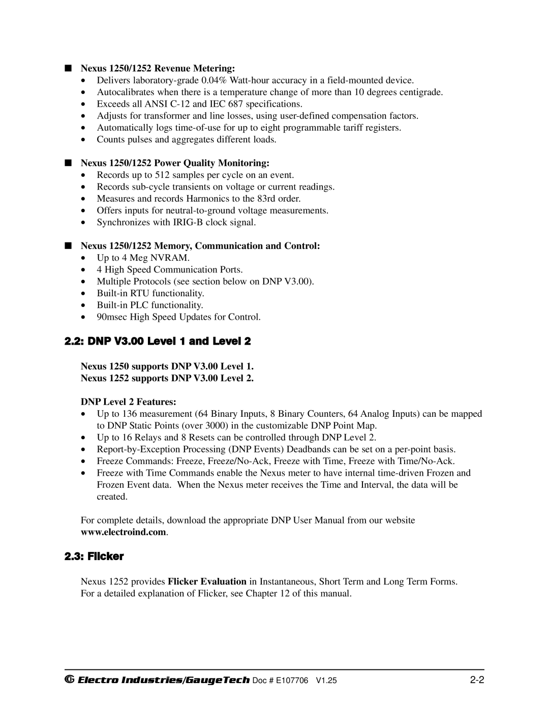 Electro-Voice operation manual DNP V3.00 Level 1 and Level, Flicker, Nexus 1250/1252 Revenue Metering 