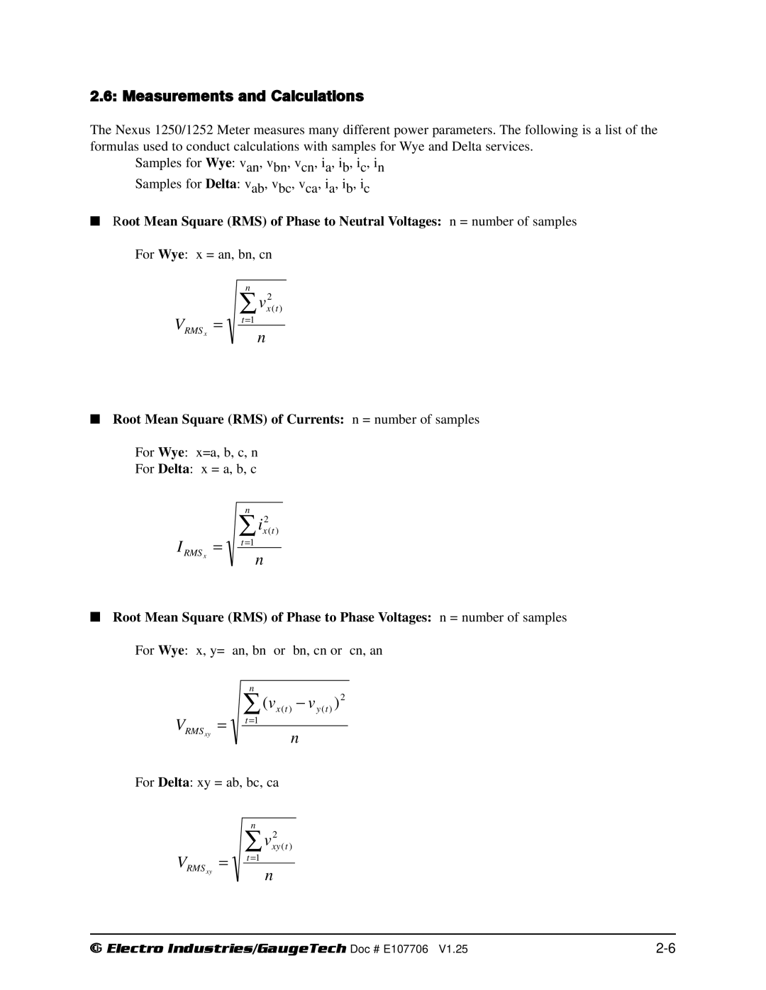 Electro-Voice 250, 1252 Measurements and Calculations, Root Mean Square RMS of Currents n = number of samples 