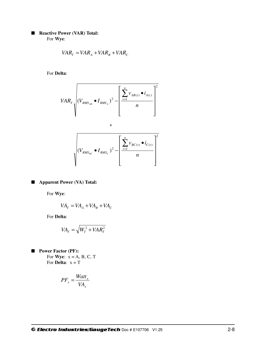 Electro-Voice 250, 1252 operation manual Reactive Power VAR Total, Apparent Power VA Total, Power Factor PF 