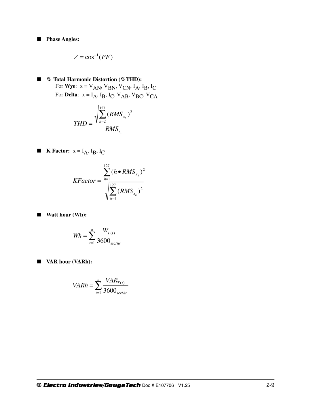 Electro-Voice 1252, 250 operation manual Phase Angles, Total Harmonic Distortion %THD, Watt hour Wh, VAR hour VARh 