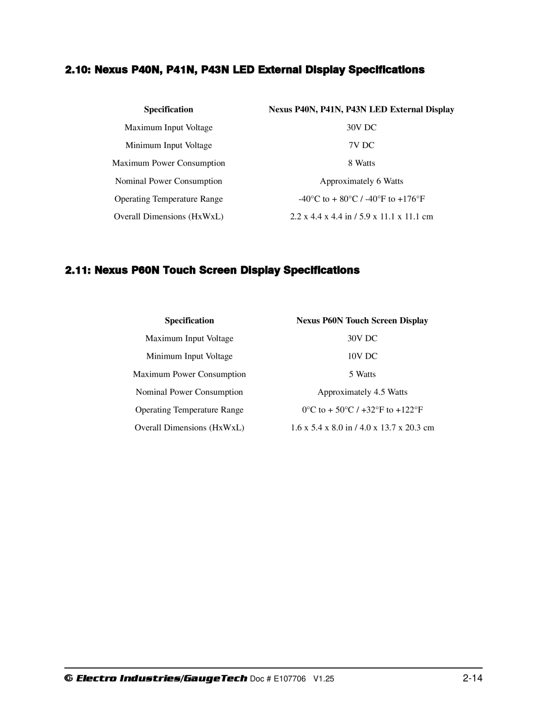 Electro-Voice 250, 1252 operation manual Nexus P40N, P41N, P43N LED External Display Specifications 