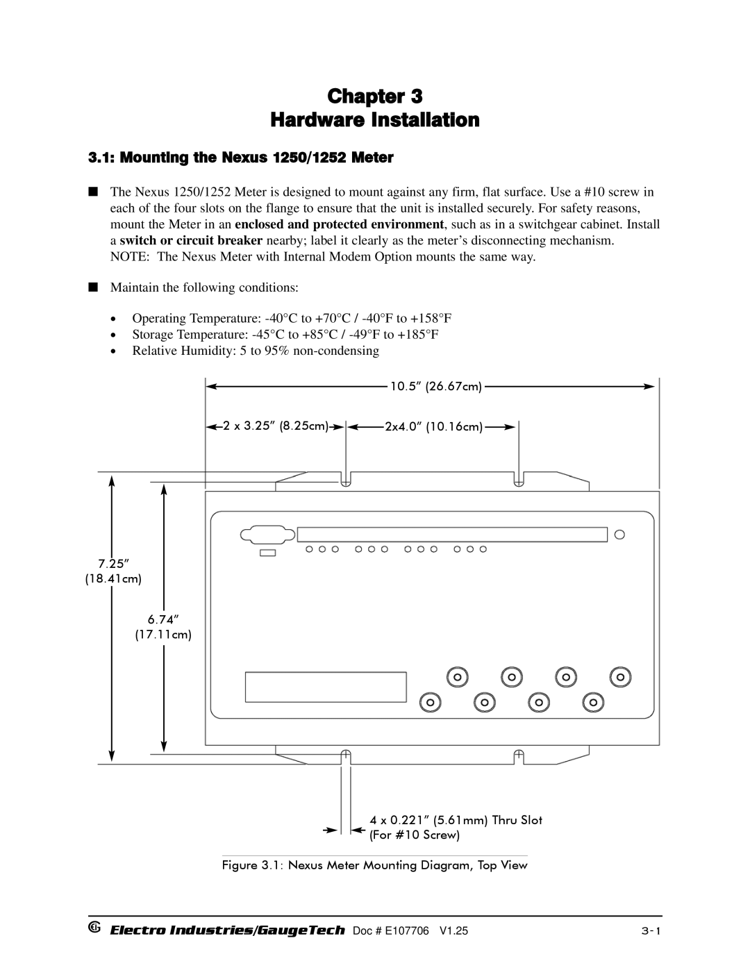 Electro-Voice operation manual Chapter Hardware Installation, Mounting the Nexus 1250/1252 Meter 