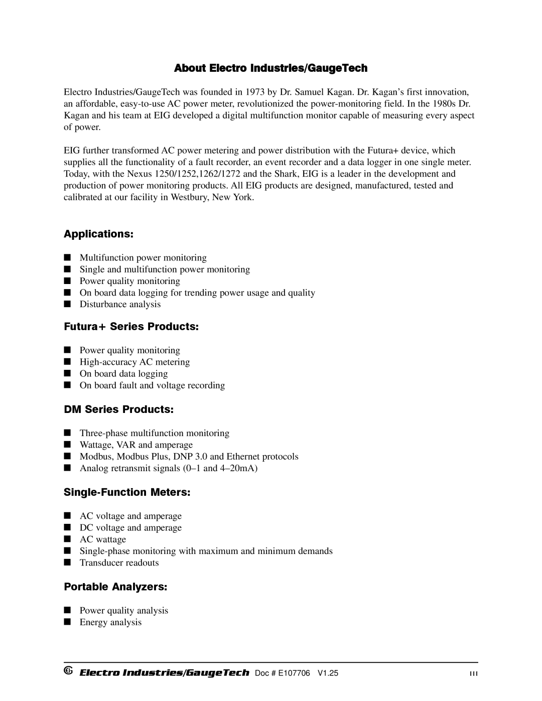 Electro-Voice 1252, 250 About Electro Industries/GaugeTech, Applications, Futura+ Series Products, DM Series Products 