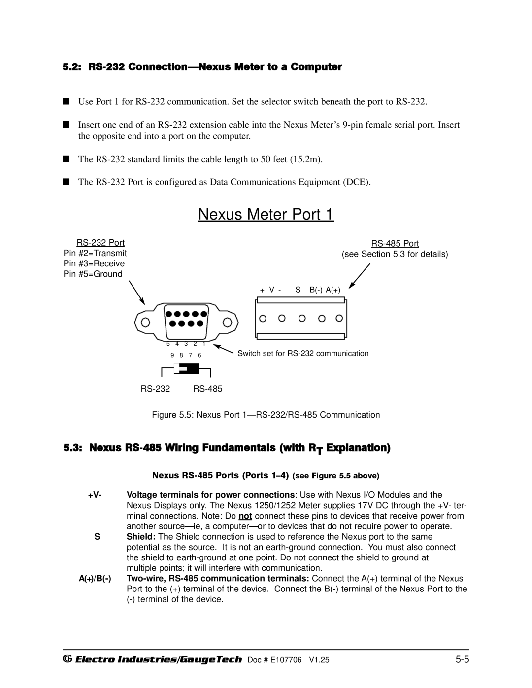 Electro-Voice 1252, 250 RS-232 Connection-Nexus Meter to a Computer, Nexus RS-485 Wiring Fundamentals with RT Explanation 