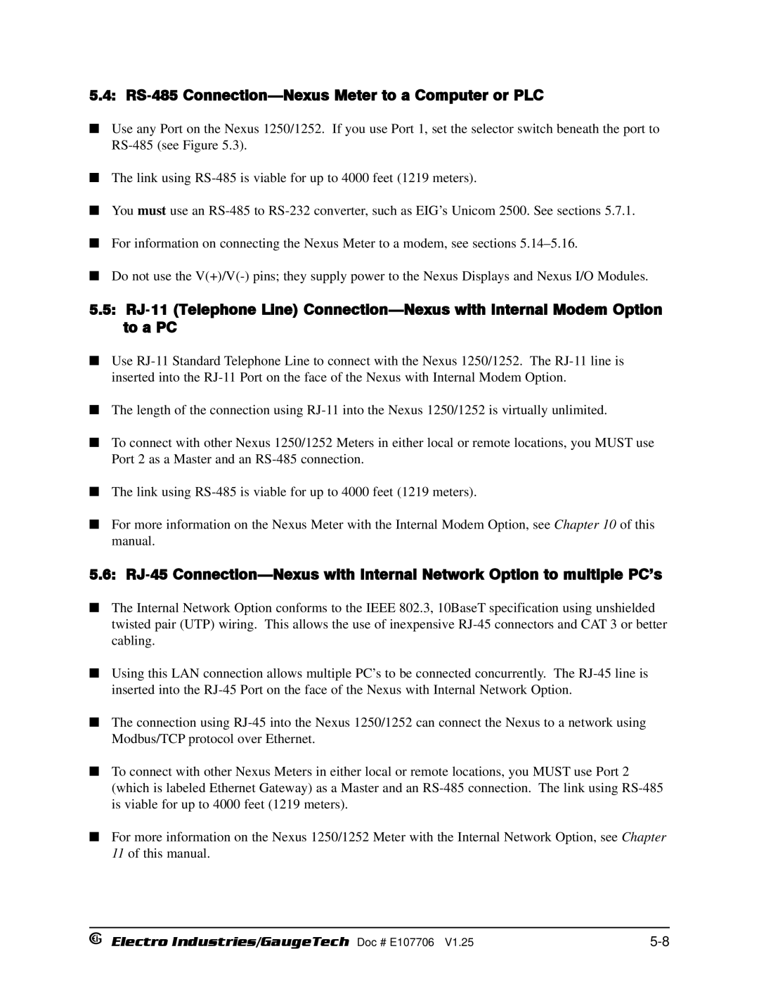 Electro-Voice 250, 1252 operation manual RS-485 Connection-Nexus Meter to a Computer or PLC 