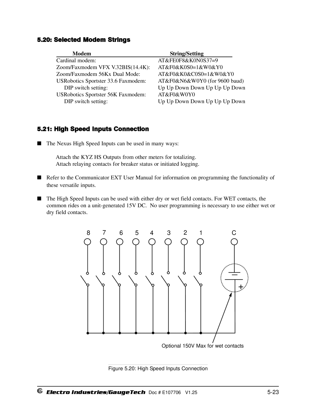 Electro-Voice 1252, 250 operation manual Selected Modem Strings, High Speed Inputs Connection, Modem String/Setting 