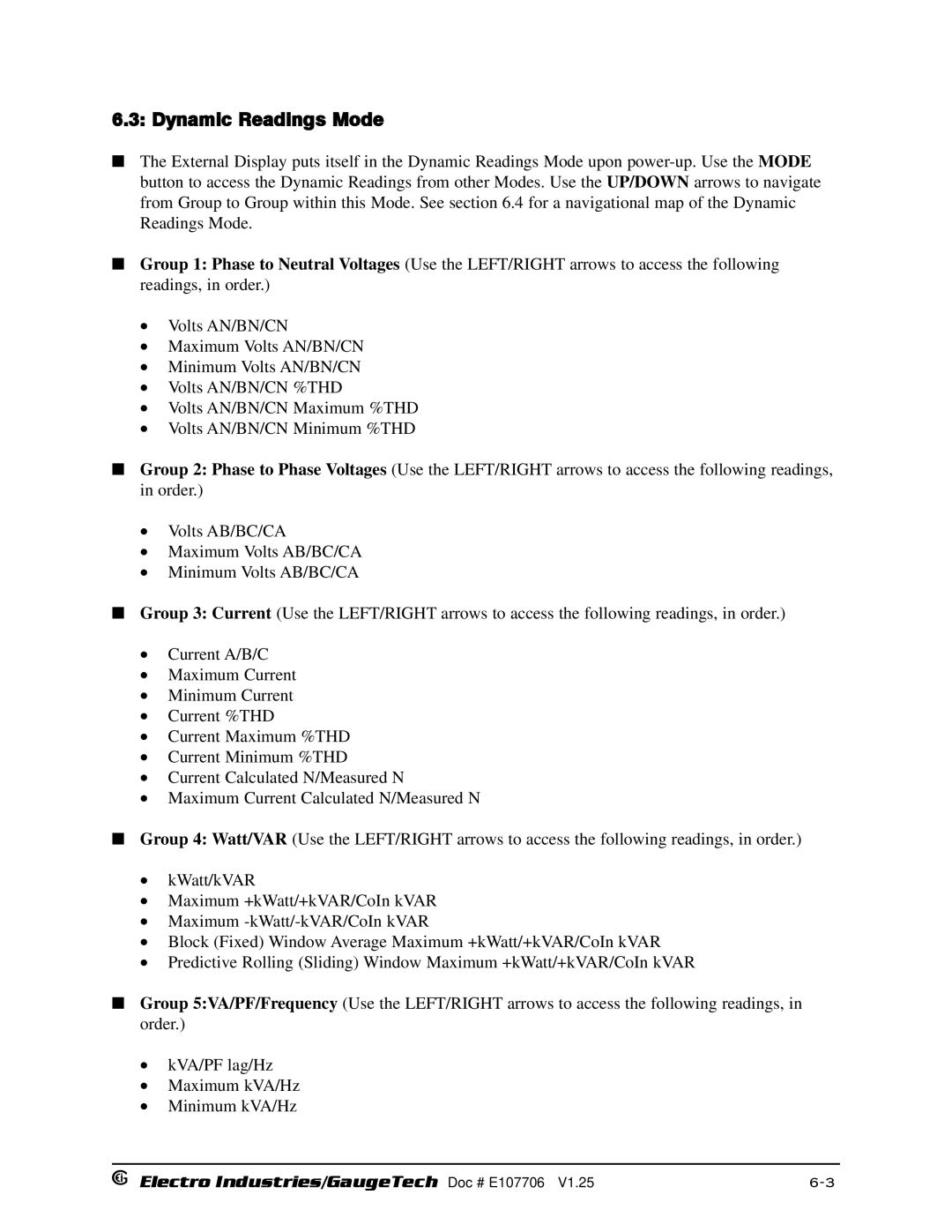 Electro-Voice 1252, 250 operation manual Dynamic Readings Mode 