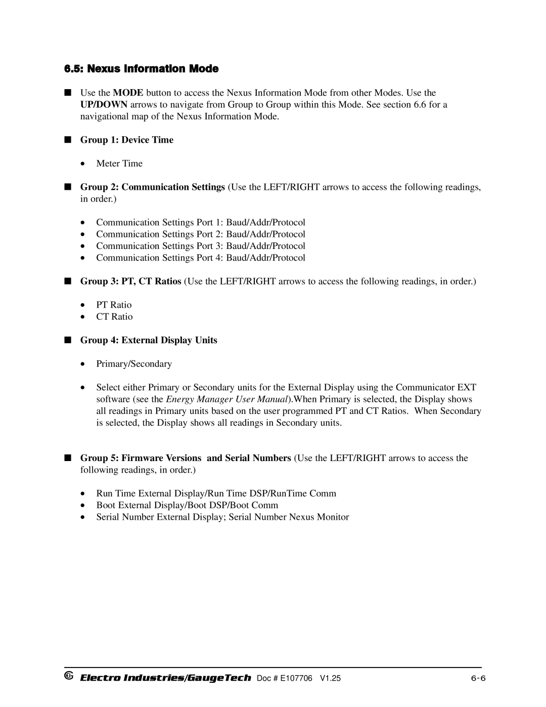 Electro-Voice 250, 1252 operation manual Nexus Information Mode, Group 1 Device Time, Group 4 External Display Units 