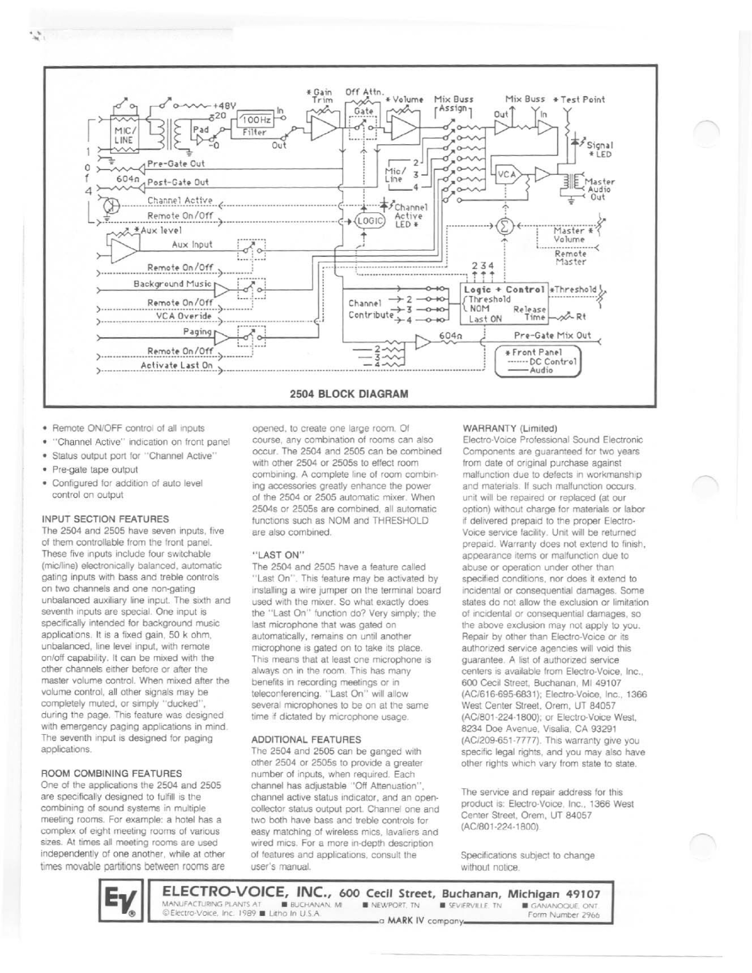 Electro-Voice 2505, 2504 manual 