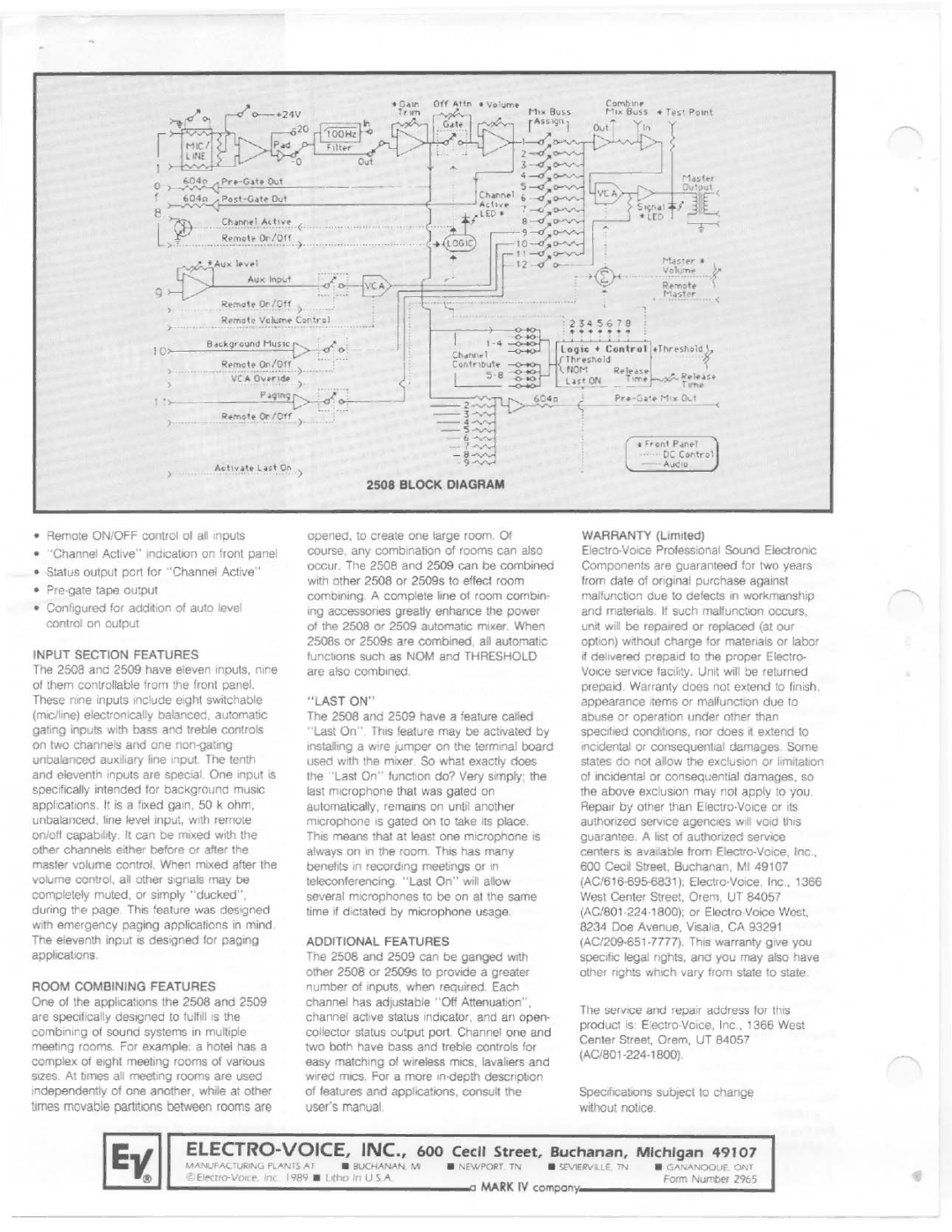 Electro-Voice 2509, 2508 manual 