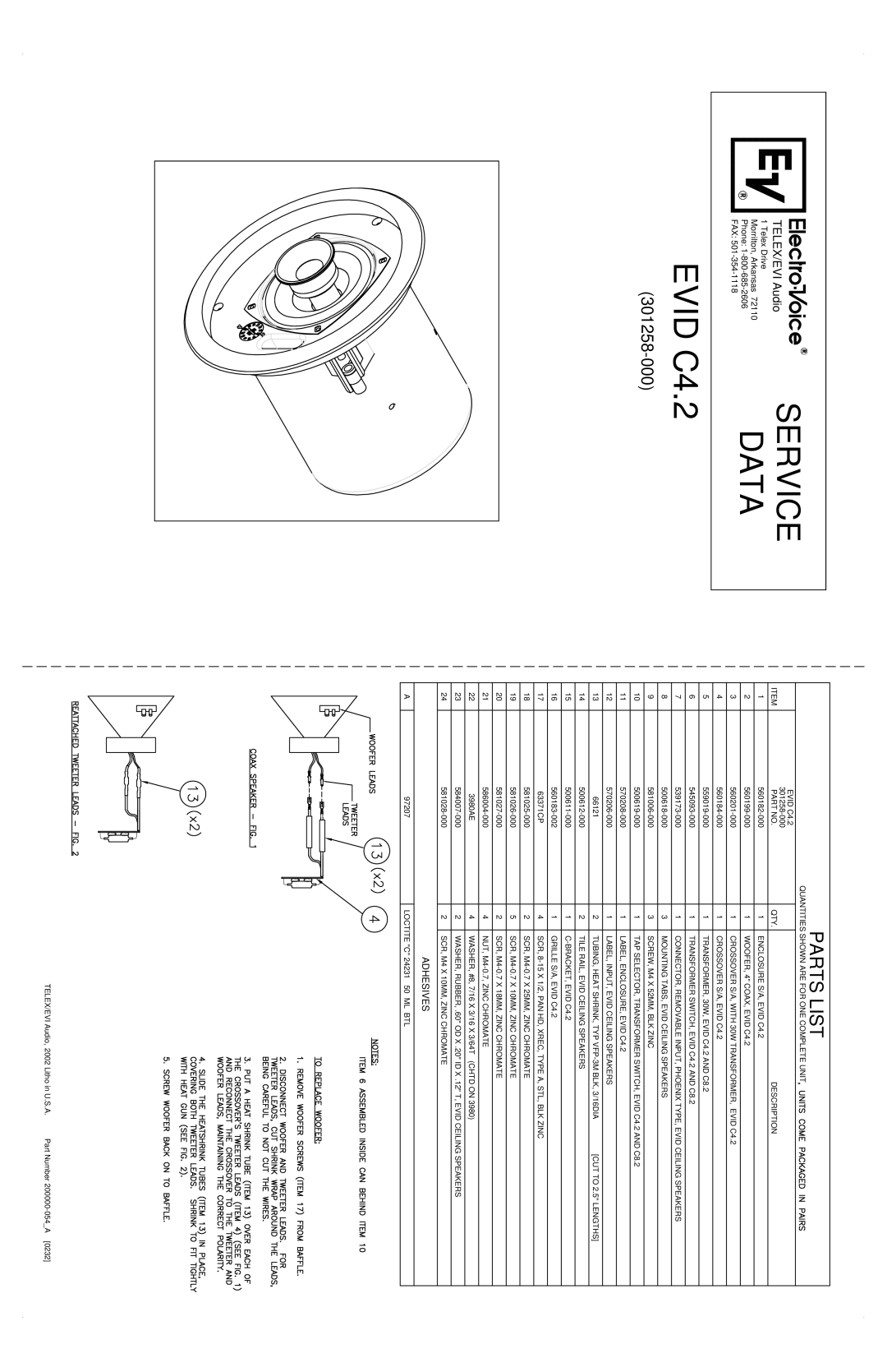 Electro-Voice 301258-000 manual Evid C4.2, Parts List, Adhesives 