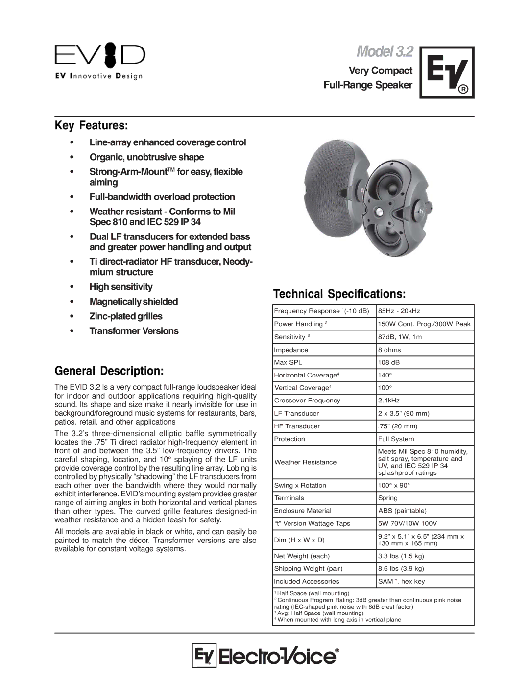 Electro-Voice 3.2 technical specifications Key Features, General Description, Technical Specifications 