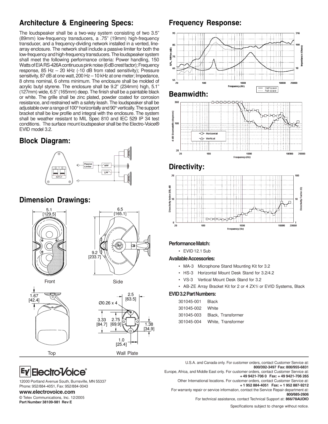 Electro-Voice 3.2 Architecture & Engineering Specs, Block Diagram Frequency Response Beamwidth, Dimension Drawings 