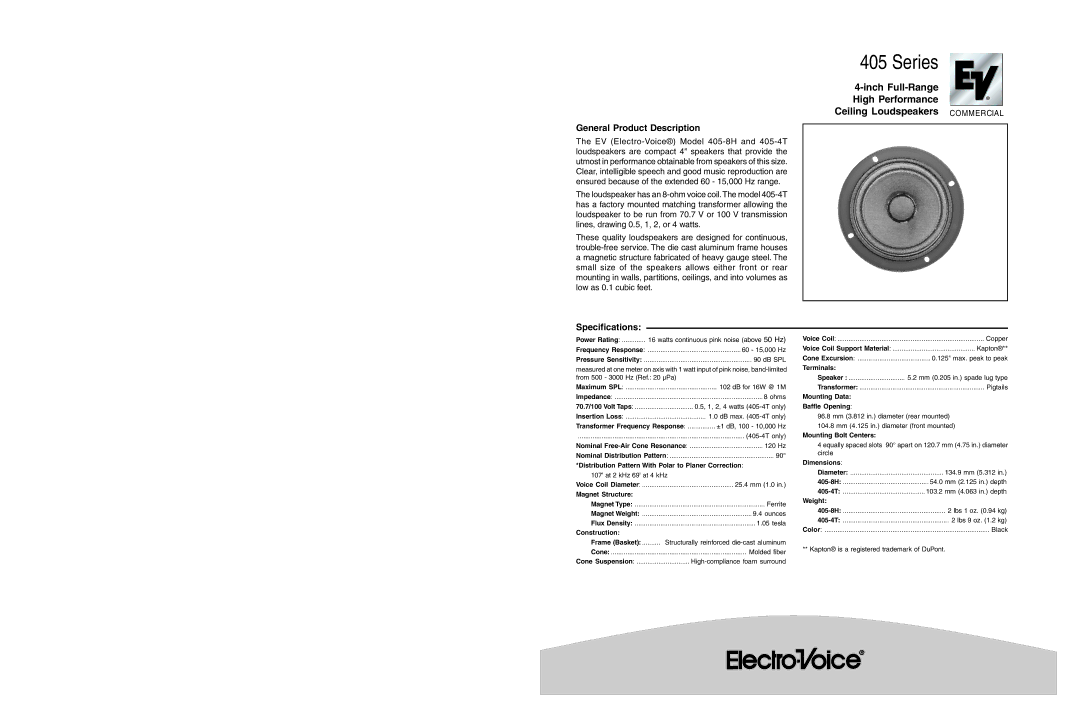 Electro-Voice 405-8H, 405-4T specifications General Product Description, Specifications 