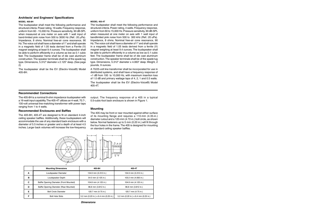 Electro-Voice 405-4T, 405-8H specifications Architects’ and Engineers’ Specifications, Recommended Connections, Mounting 