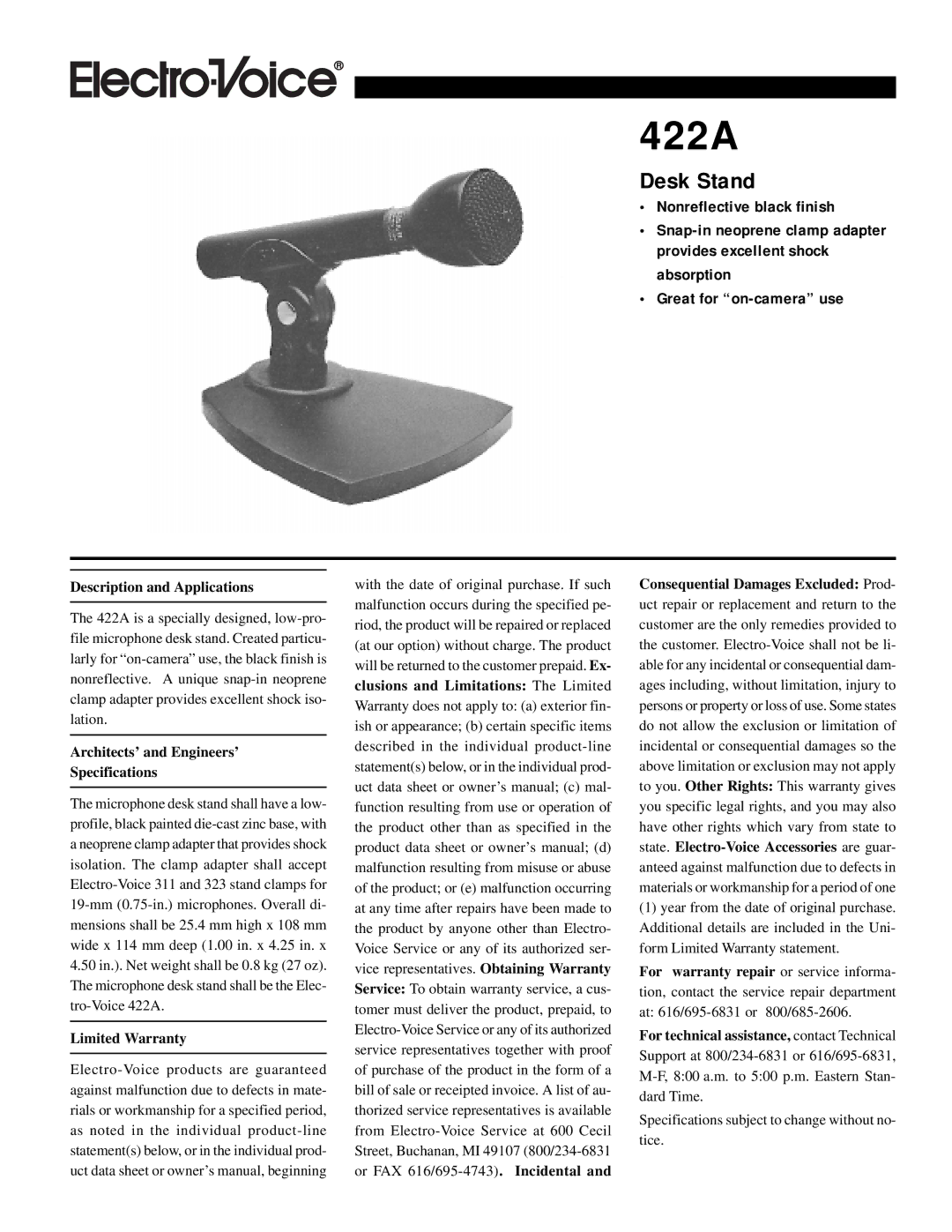 Electro-Voice 422A specifications Desk Stand, Description and Applications, Architects’ and Engineers’ Specifications 