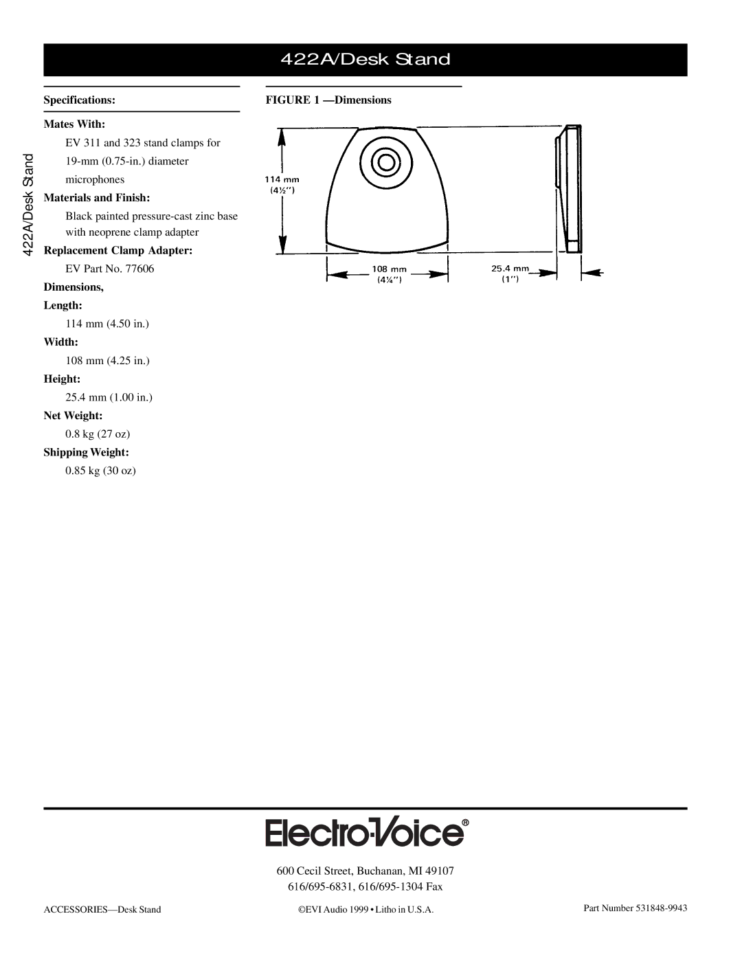 Electro-Voice specifications 422A/Desk Stand 