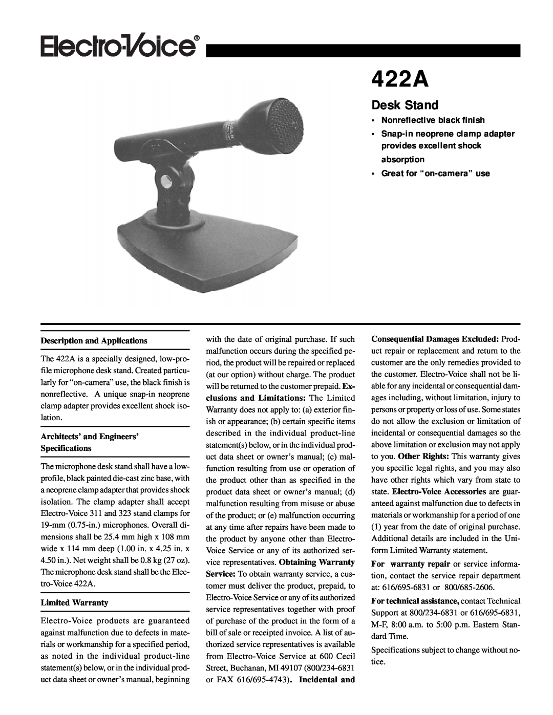 Electro-Voice 422A specifications Description and Applications, Architects’ and Engineers’ Specifications, Desk Stand 