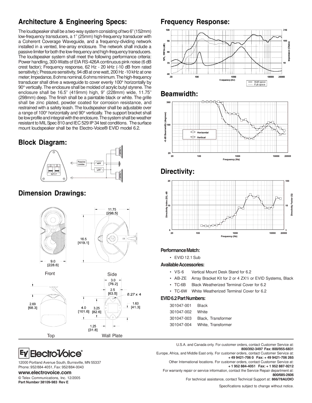 Electro-Voice Architecture & Engineering Specs, Block Diagram Frequency Response, PerformanceMatch, EVID6.2PartNumbers 