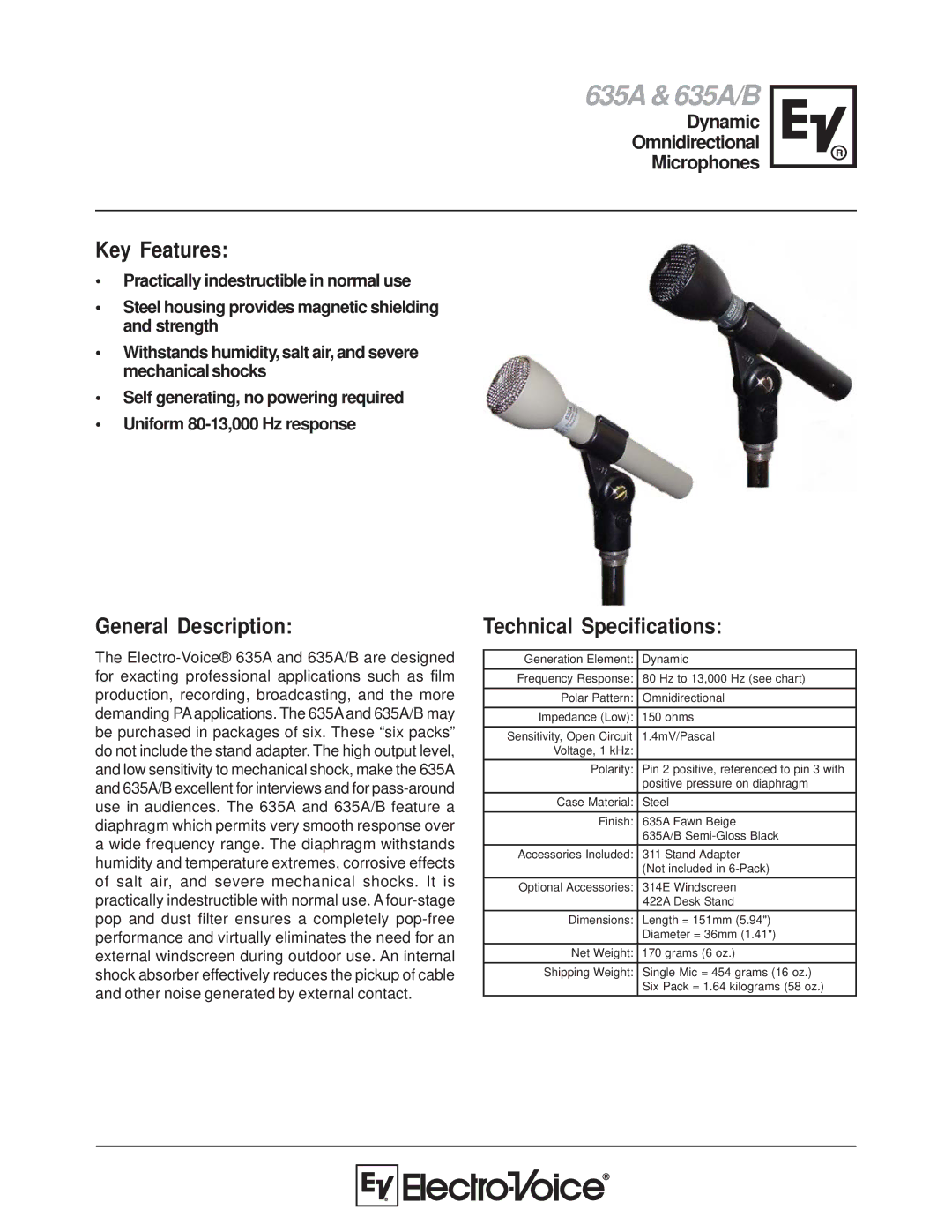 Electro-Voice technical specifications 635A & 635A/B, Key Features, General Description, Technical Specifications 