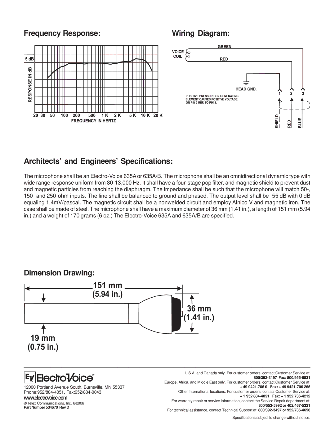 Electro-Voice 635A/B Frequency Response, Architects’ and Engineers’ Specifications, Dimension Drawing 