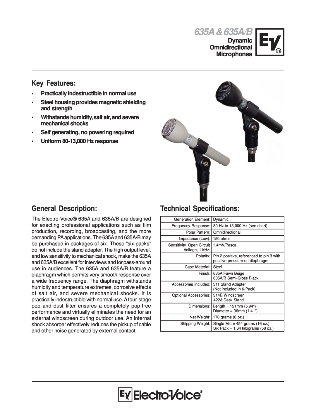 Electro-Voice technical specifications Key Features, General Description, Technical Specifications, 635A & 635A/B 