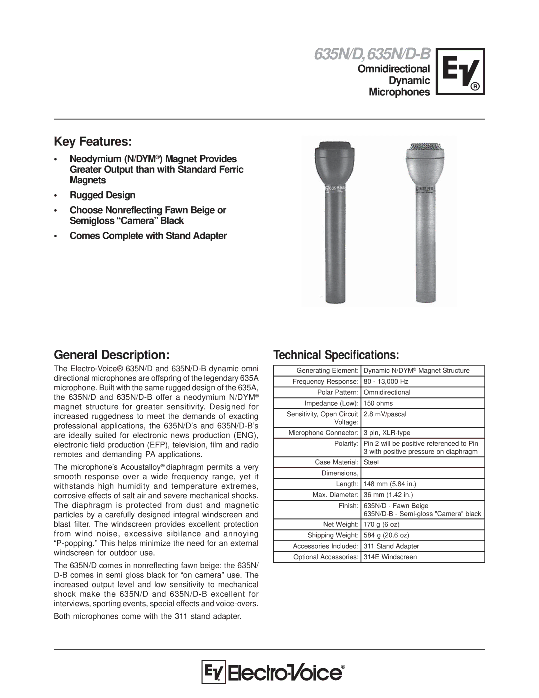 Electro-Voice technical specifications 635N/D,635N/D-B, Key Features, General Description, Technical Specifications 