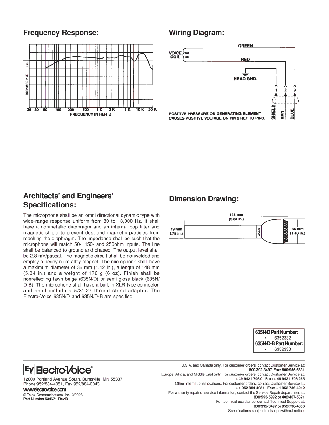 Electro-Voice Frequency Response, Architects’ and Engineers’, Specifications, 635N/D Part Number, 635N/D-B Part Number 