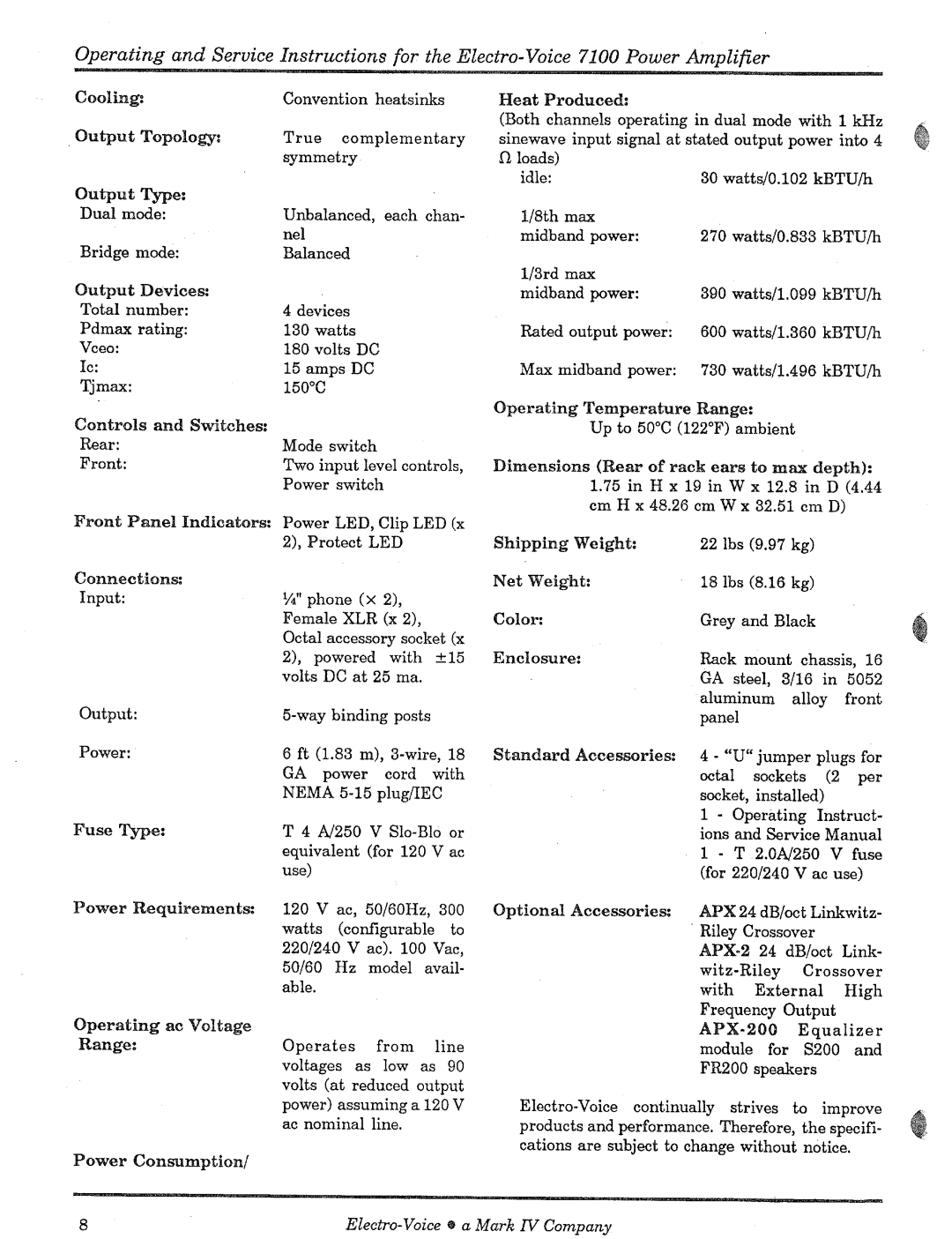 Electro-Voice 7100 manual 