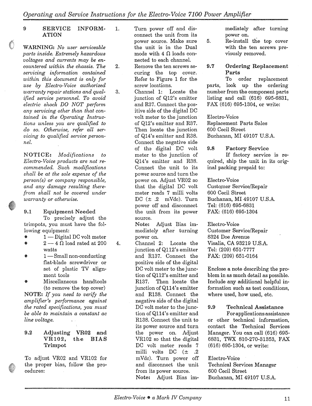 Electro-Voice 7100 manual 