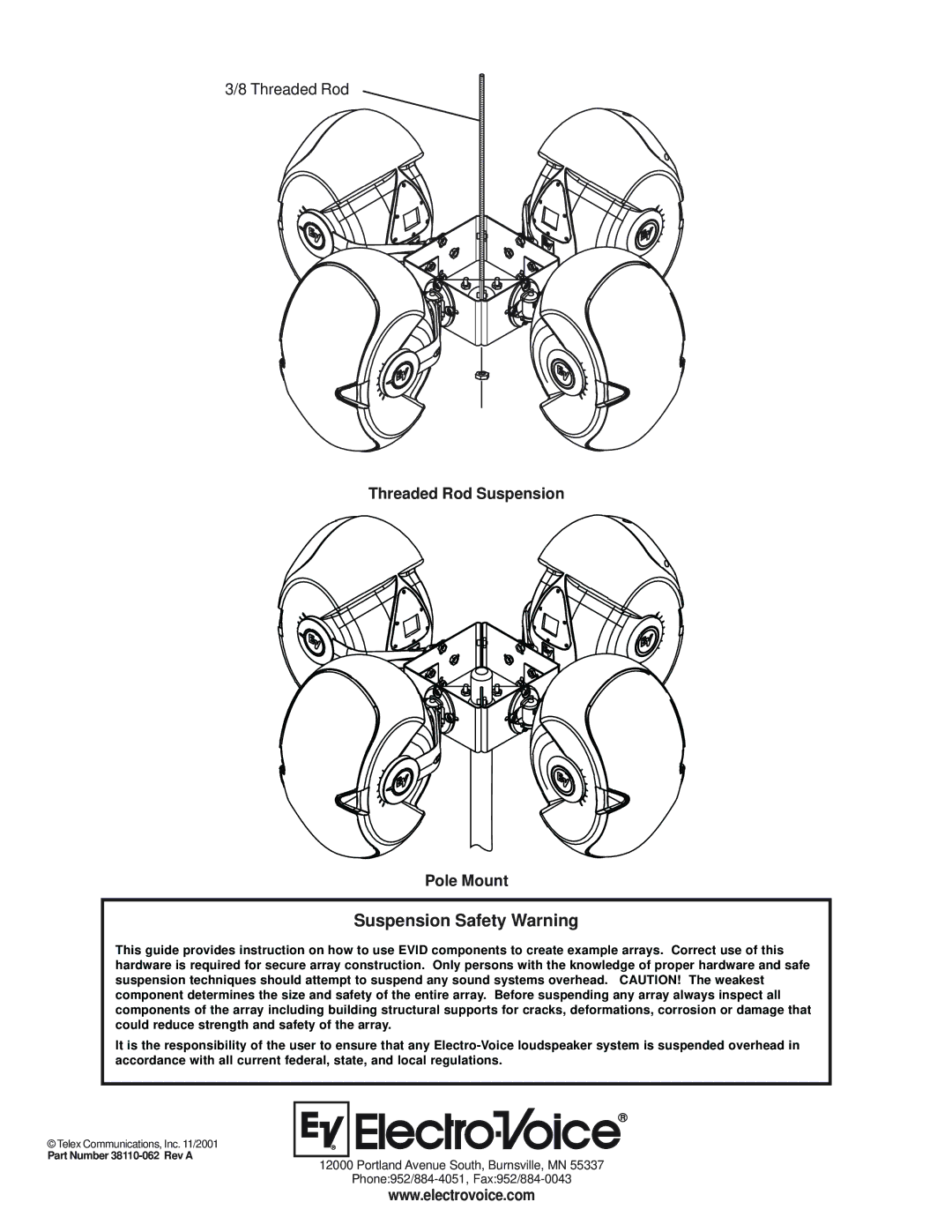 Electro-Voice AB-64, AB-34 installation instructions Suspension Safety Warning 