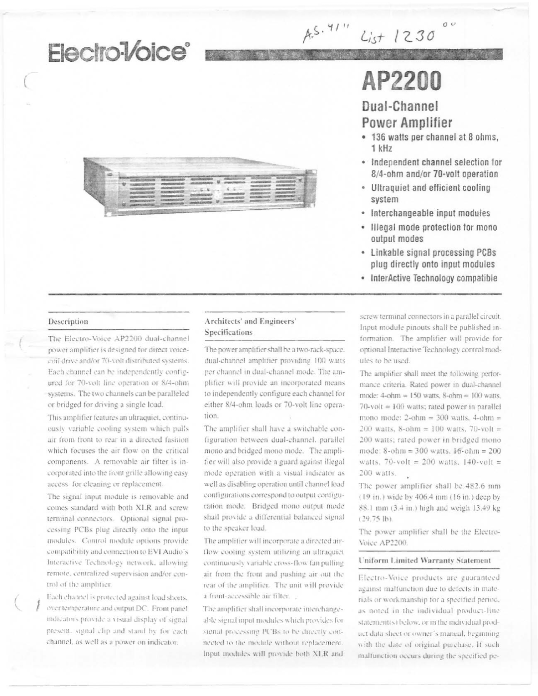 Electro-Voice AP2200 manual 