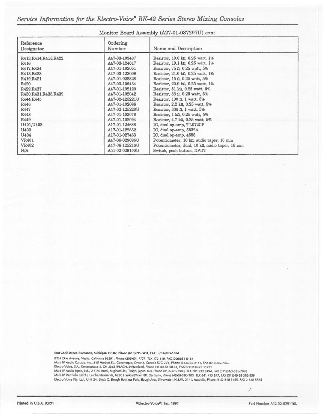 Electro-Voice BK-42 Series manual 