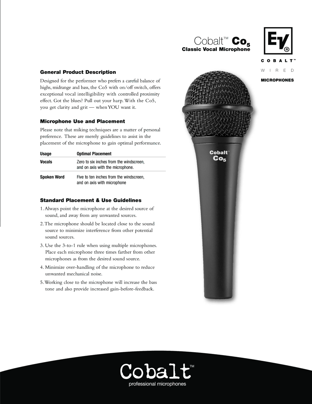 Electro-Voice C05 manual General Product Description, Microphone Use and Placement, Standard Placement & Use Guidelines 