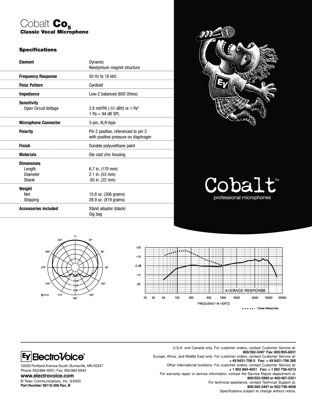 Electro-Voice C05 manual Classic Vocal Microphone Specifications 