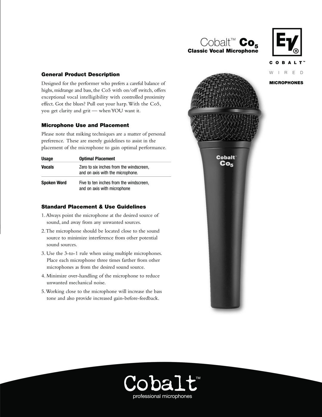 Electro-Voice C05 manual Cobalt Co5, General Product Description, Microphone Use and Placement, Classic Vocal Microphone 