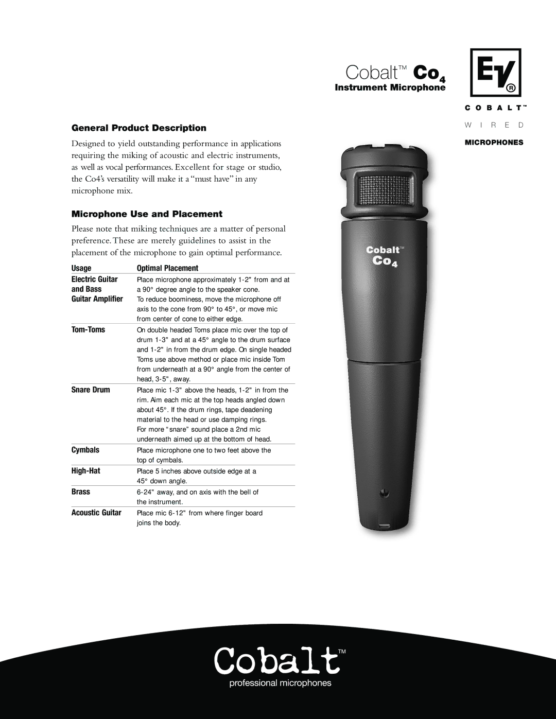 Electro-Voice Co4 manual General Product Description, Microphone Use and Placement, Instrument Microphone 