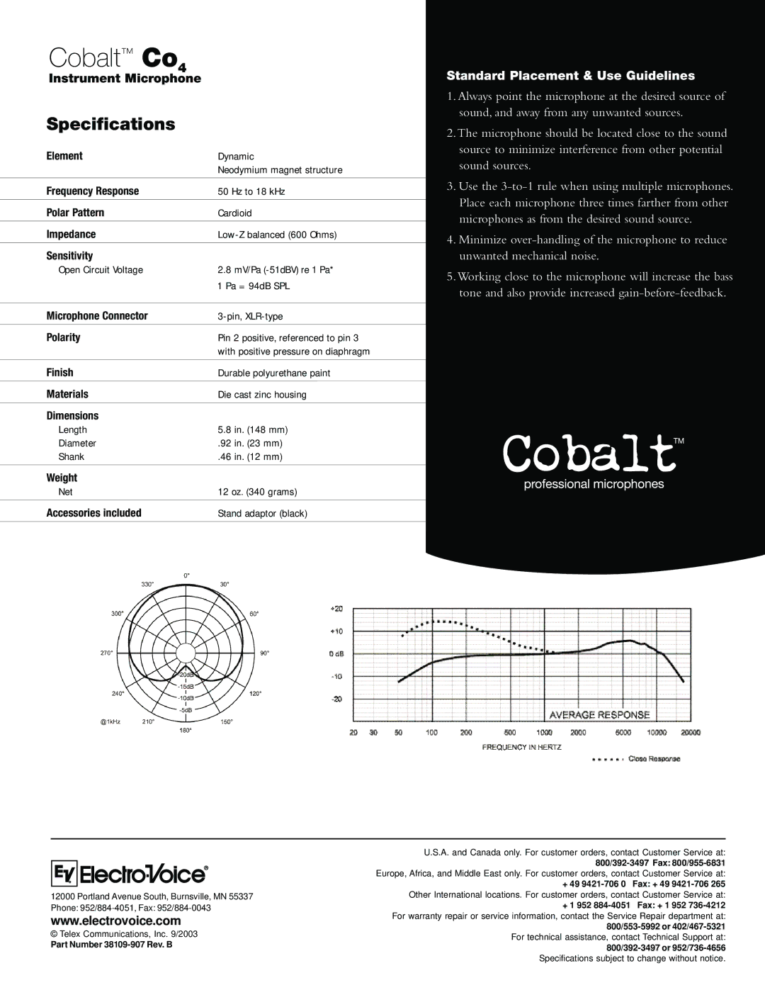 Electro-Voice Co4 manual Specifications, Standard Placement & Use Guidelines 