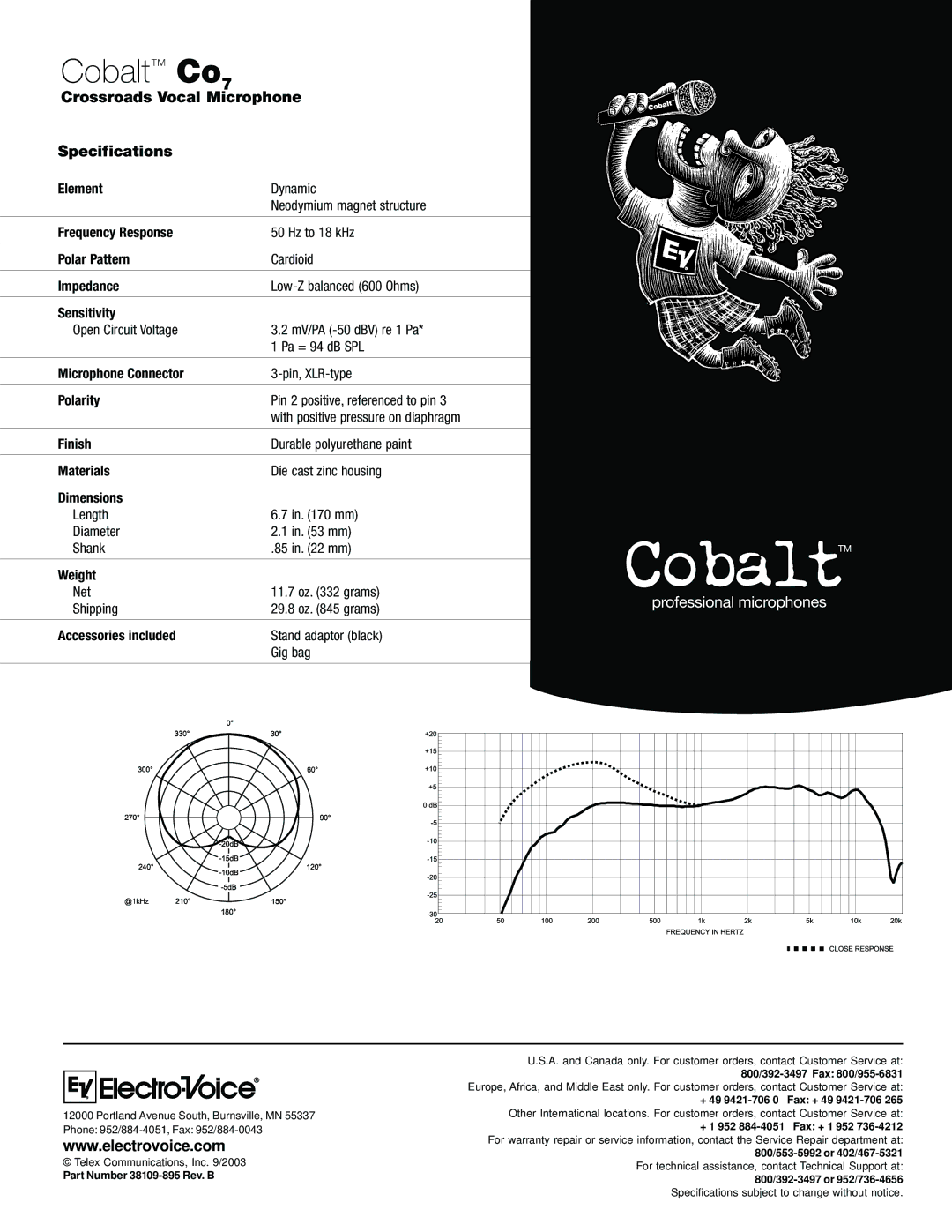 Electro-Voice Co7 manual Crossroads Vocal Microphone Specifications 