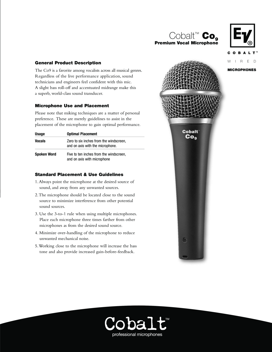 Electro-Voice Cobalt Co9 manual General Product Description, Microphone Use and Placement, Premium Vocal Microphone 