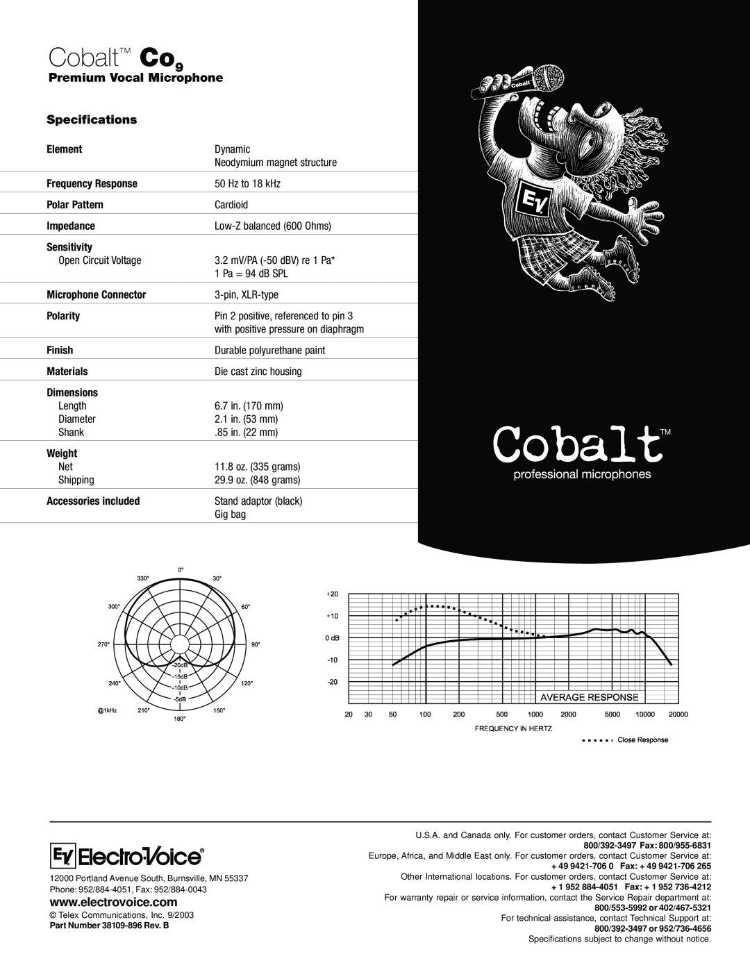 Electro-Voice Cobalt Co9 manual Premium Vocal Microphone Specifications 