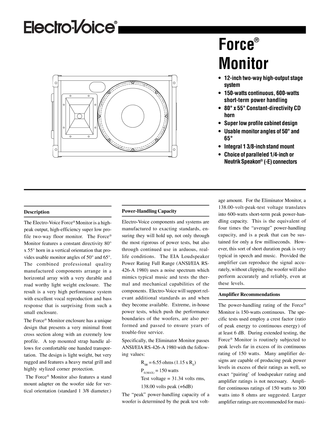 Electro-Voice Computer Monitor manual Description, Power-Handling Capacity, Amplifier Recommendations 